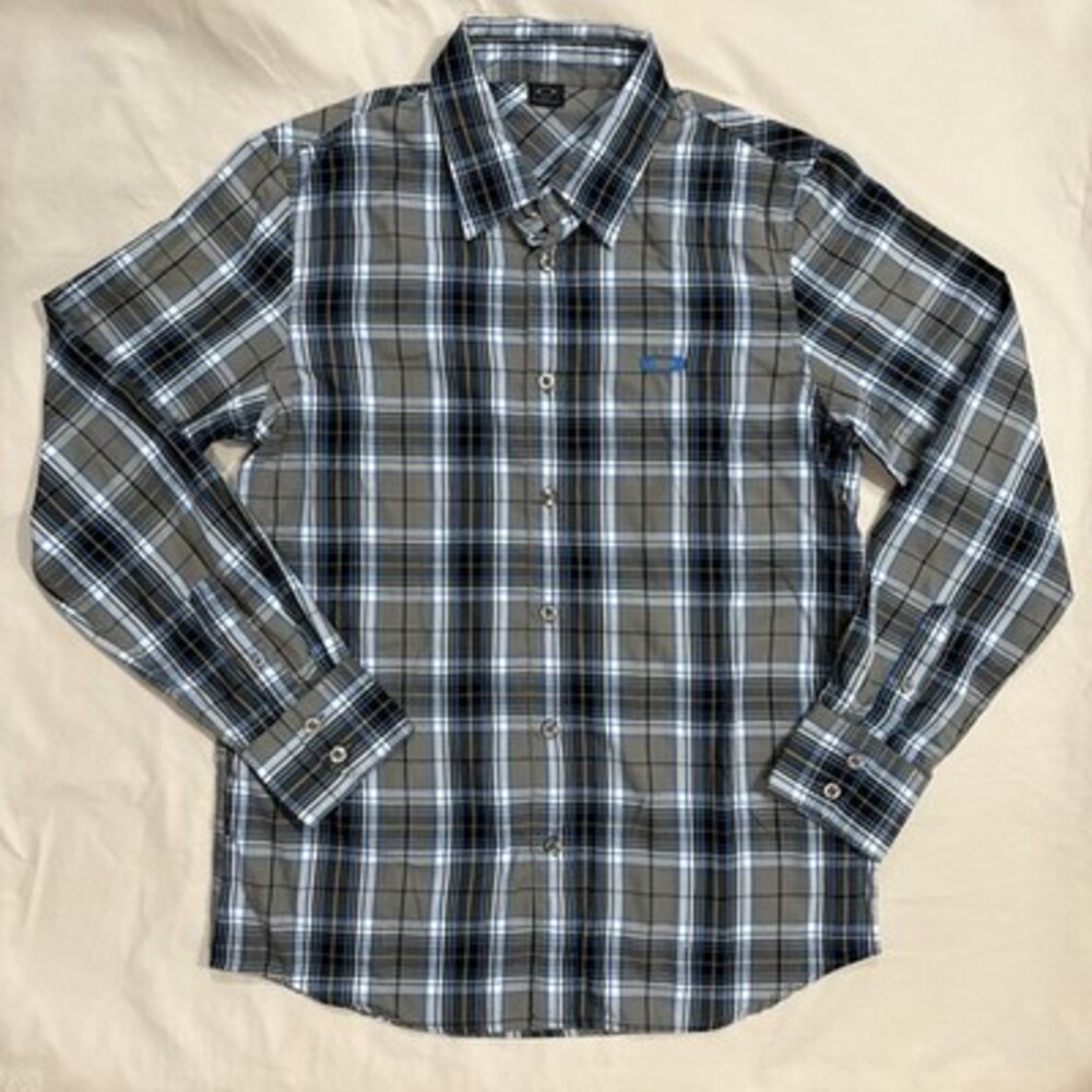 Oakley Men's Size S‎ Grey Blue Plaid Cotton Blend Button Down Shirt